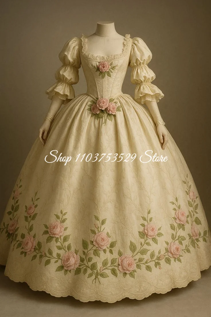 

Винтажное бальное платье цвета слоновой кости с цветочным принтом в викторианском стиле, индивидуальный пошив, вечернее платье с 3D цветочным кружевным корсетом, бальное платье для особых случаев, косплей