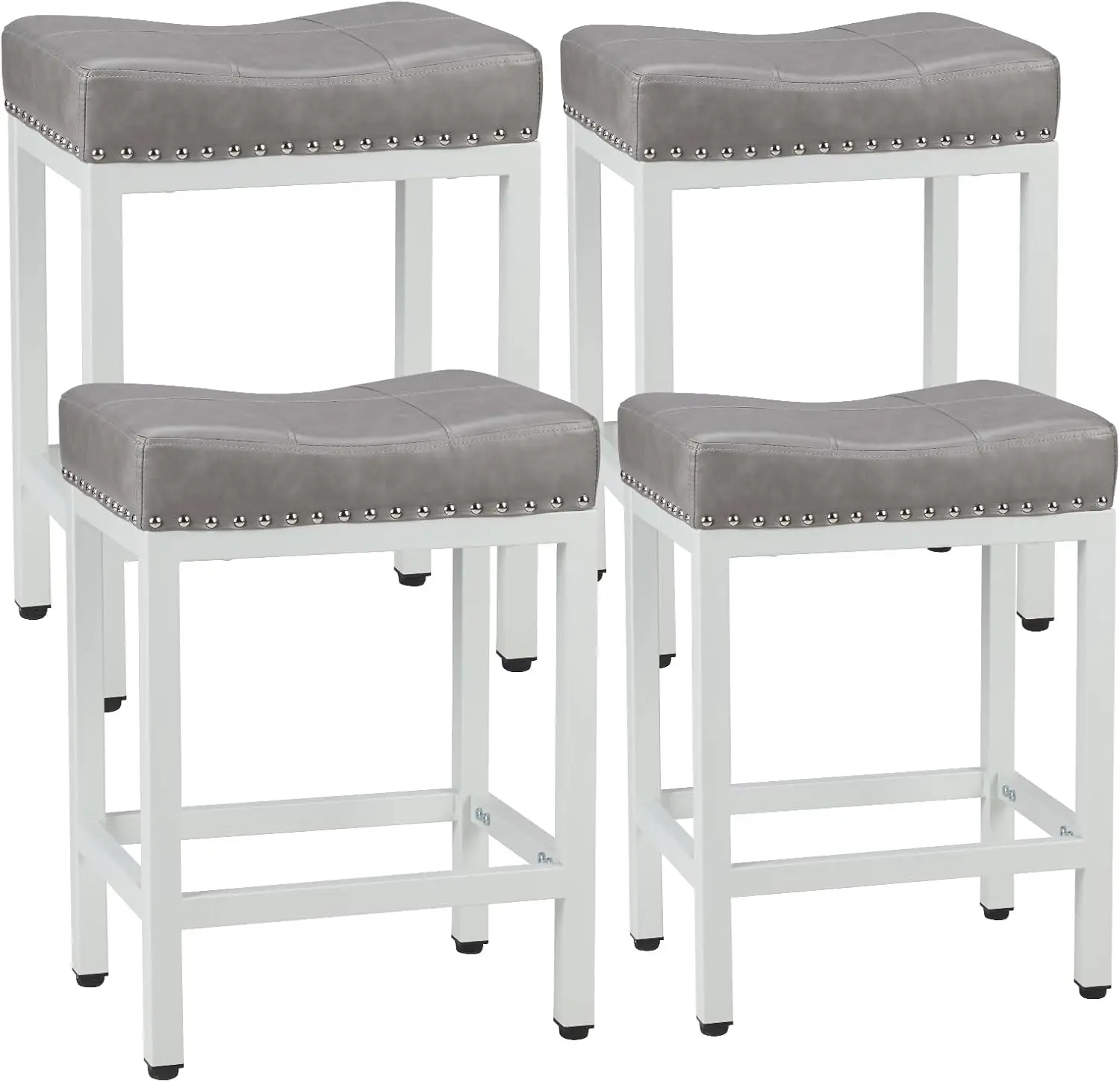 24 Inch Bar Stools Set of 4, PU Leather Counter Height Stools | Upholstered Modern Saddle Barstools with Metal Base and Footrest for Home Bar, Small Apartment, Grey