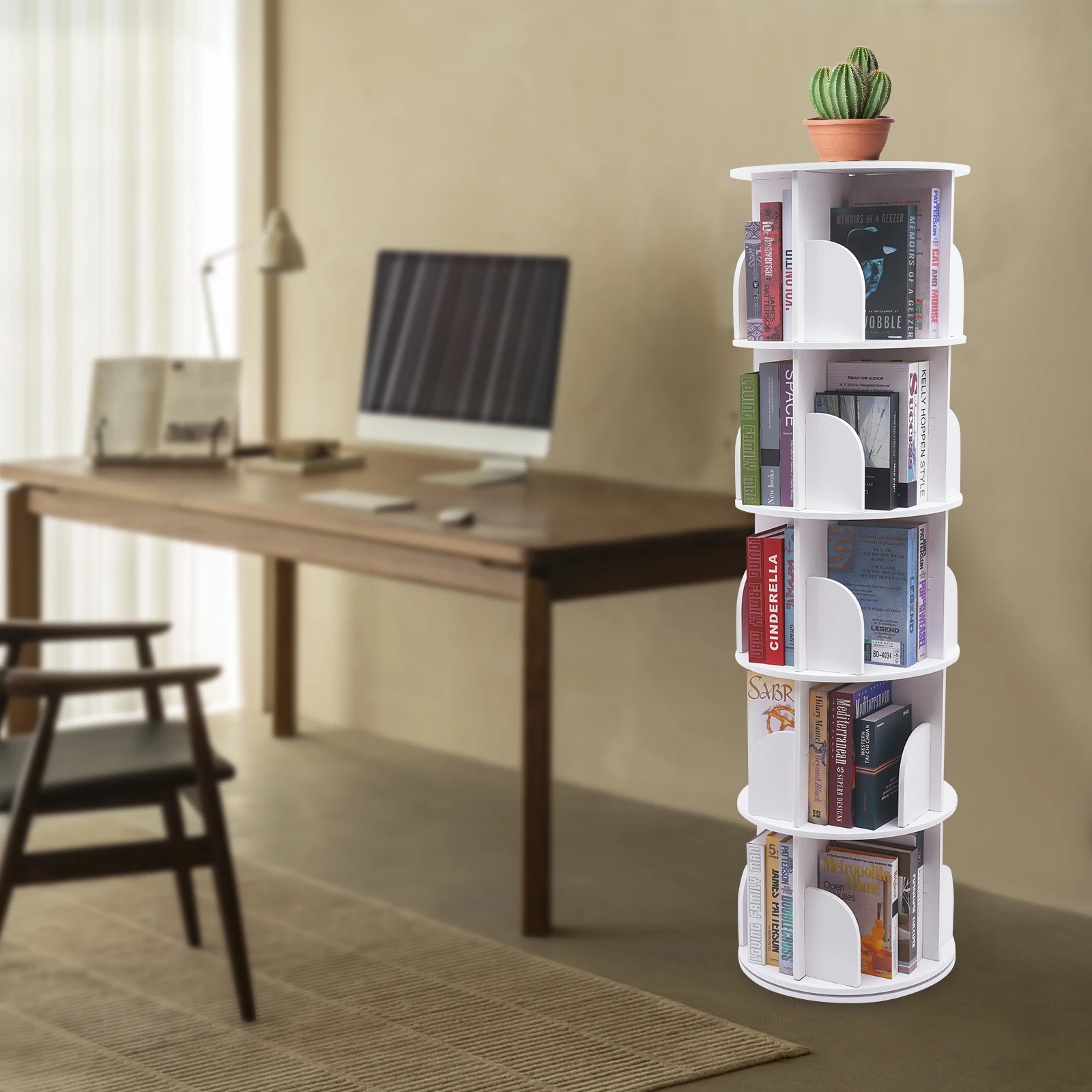 5 Tier 360° Rotating Stackable Shelves Bookshelf Organizer PVC Desktop Bookshelf Counter Bookcase Desktop Shelves