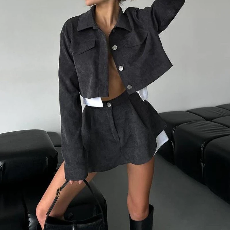 

Женский осенний короткий кардиган на пуговицах, пальто, короткая юбка, платье из двух частей