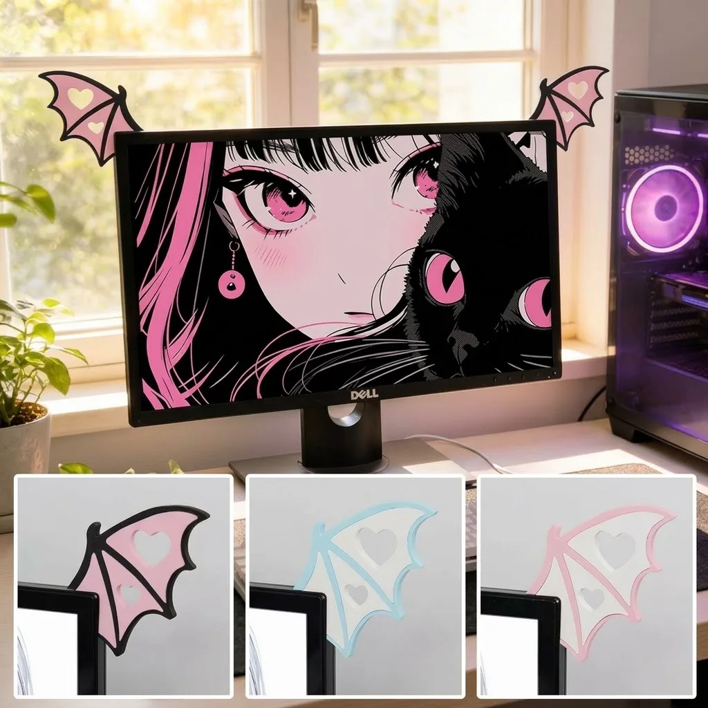 Cute Gothic Bat Wings Monitor Attachment Kawaii PC Screen Corner Decoration Gaming Desk Setup Accessories Aesthetic Gift