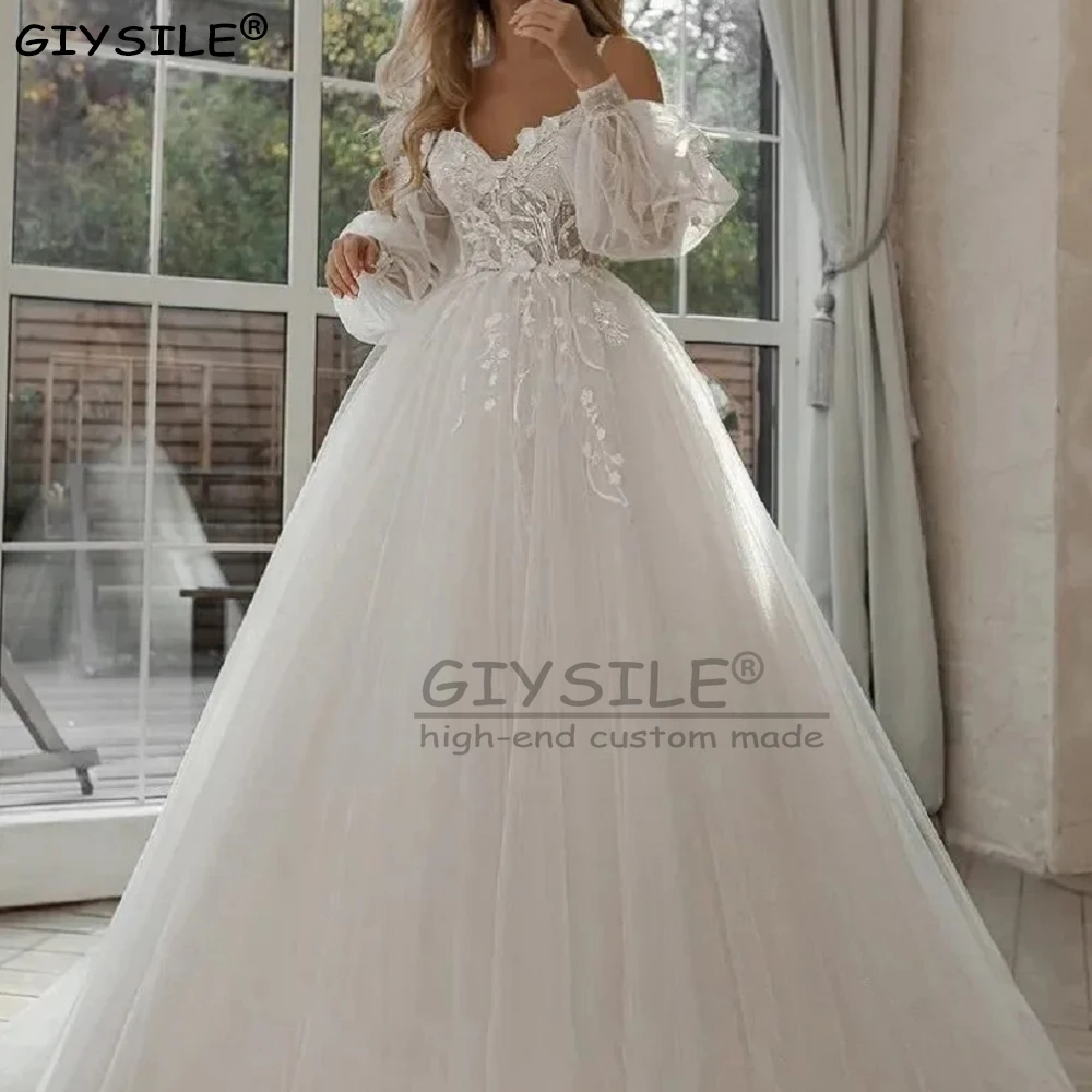 

GIYSILE Customized A Line Tulle Wedding Dresses for Women with Lace Appliques Spaghetti Straps Off Shoulder Bridal Gown Vestidos