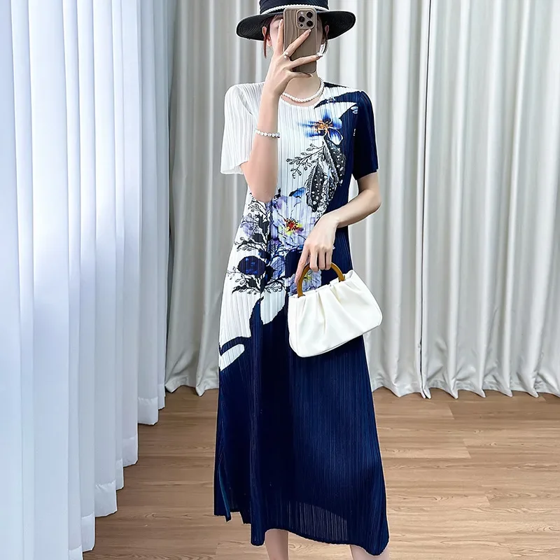 Miyake Pleated Dress Women's 2024 Summer Color Blocked Korean Style Round Neck Short Sleeve Printed Elegant Midi Dress