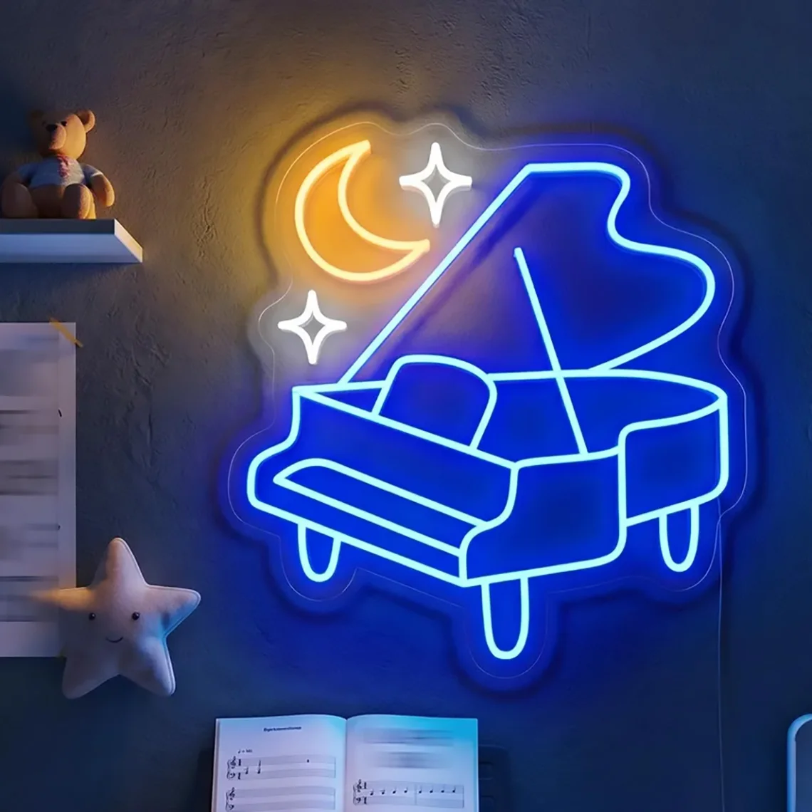 Grand Piano Neon Sign Blue Piano with Moon Stars Neon Sky Music Wall Decor Music Studio Kids Bedroom Art Decor