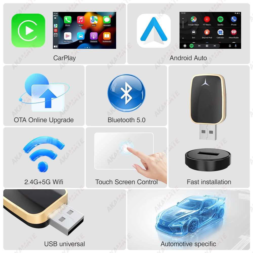 2IN1 محول CarPlay Android Auto اللاسلكي للسيارة مع CarPlay السلكي Android Auto Car Radio Plug and Play USB Type-c Dongle