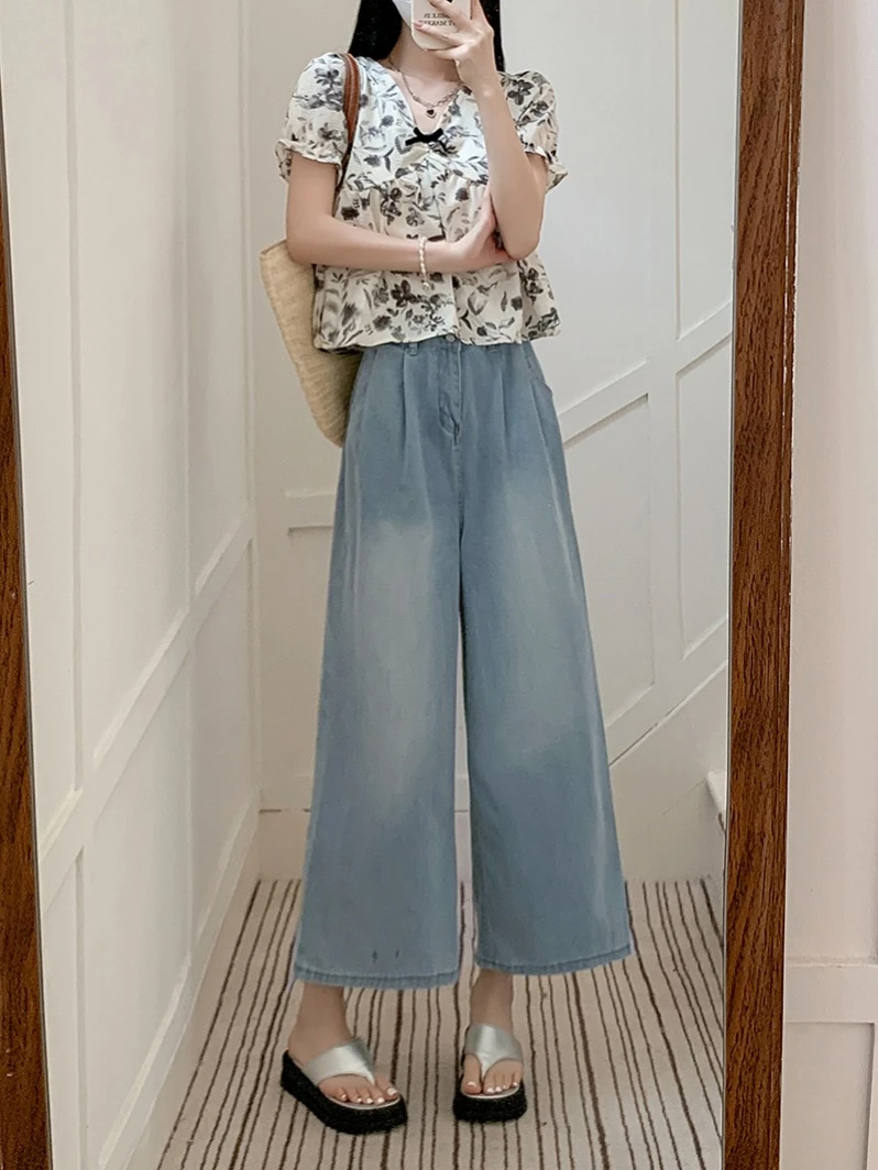 

2024 new casual loose denim wide-leg pants suit women bubble sleeve floral top shirt short sleeve two-piece summer