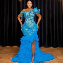 Blue Plus Size Evening Dress For African Women Tassels Beads Side Split Prom Dress Puffy Tiered Bottom Aso Ebi Celebrity Gowns