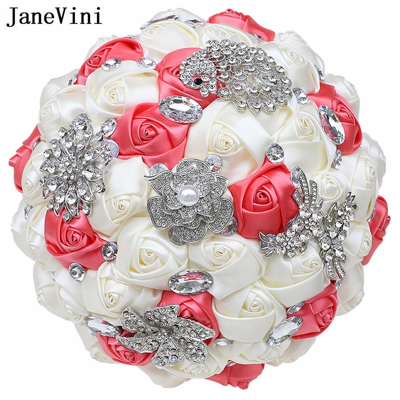 JaneVini Elegant Watermelon Ivory Crystal Wedding Bouquet Fleurs Luxe Beaded Rhinestone Bride Hand Flower Bridal Bouquet Mariage