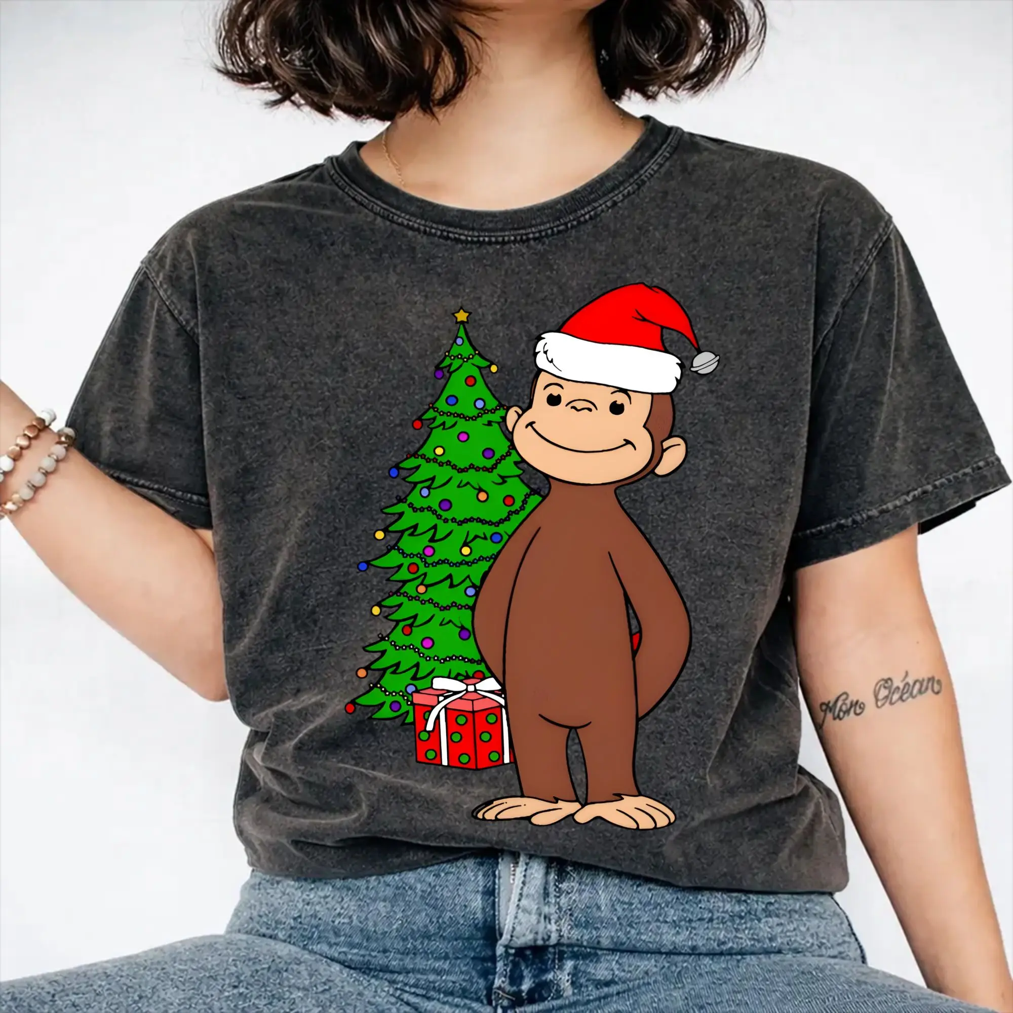 Merry Christmas From Curious George Outfit Washed T Shirts for Men Women Streetwear Hip Hop T-Shirts Printed  Tee Shirt