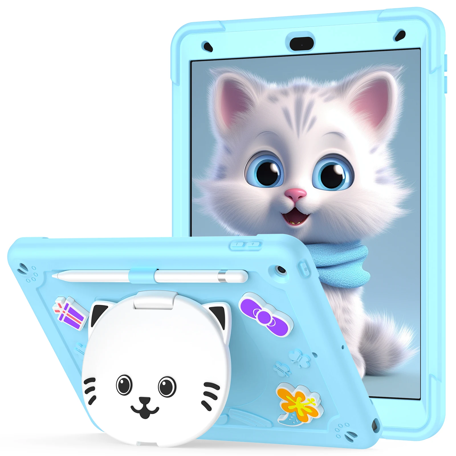 

For iPad 10.2 (2021) / (2020) / (2019) Case with Cat Kickstand PC + Silicone Tablet Cover - Sky Blue