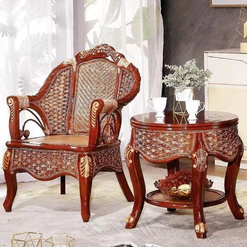 European true rattan weaving balcony casual backrest chair single rattan chair tea table three-piece set