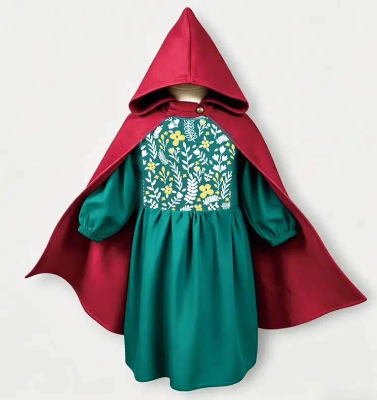 Kids Halloween Renaissance Costume Girls Floral Medieval Dress Hooded Cloak Set Cosplay Costume for Holiday Outfit