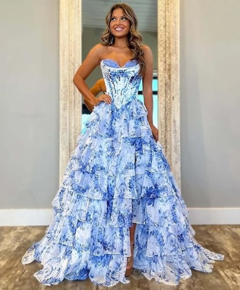 Vestidos de baile em camadas com estampa floral, vestido de baile longo, sem alças, renda de tule, vestidos de noite formais com fenda