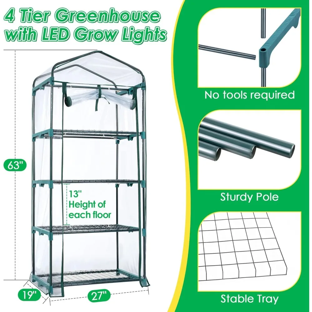 4-layer Mini Greenhouse, Indoor Greenhouse with Growth Lights, Equipped with Roller Shutter Zipper PVC Waterproof Cover and Tray