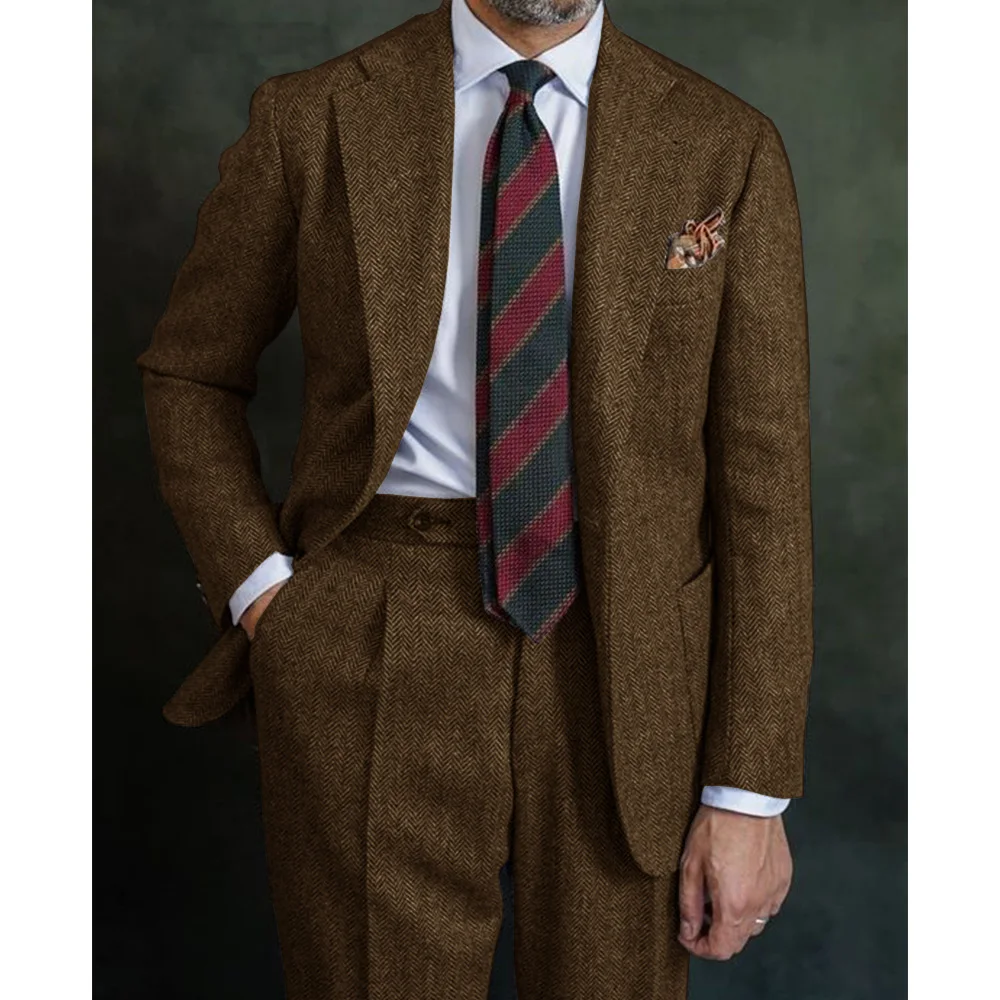 بدلة متعرجة بدلة عادية مع طية صدر السترة خمر قطعتين بدلة العريس عالية الجودة فن الزفاف الأقمشة الصوفية الخشنة