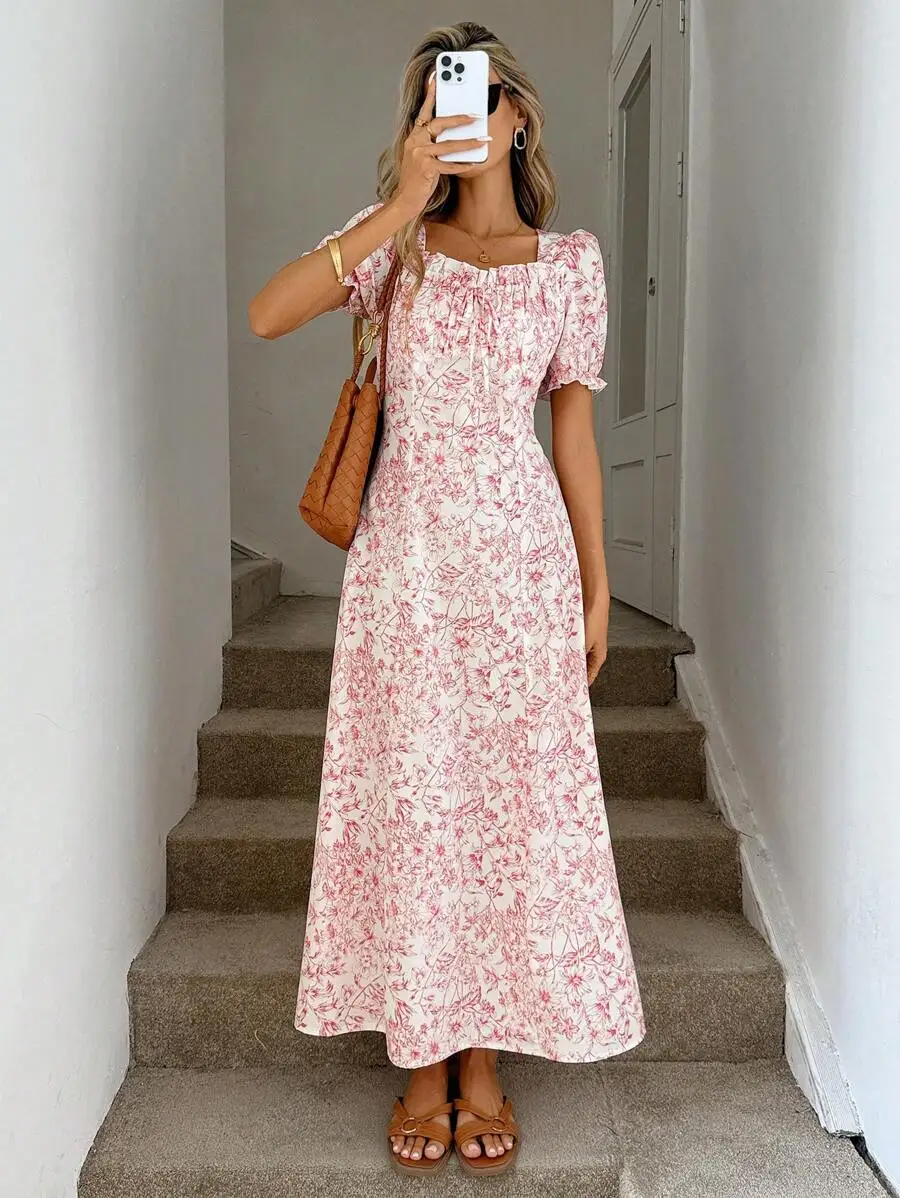 

Floral Print Square Neck Puff Sleeve A-Line Maxi Dress with Ruffled Detail