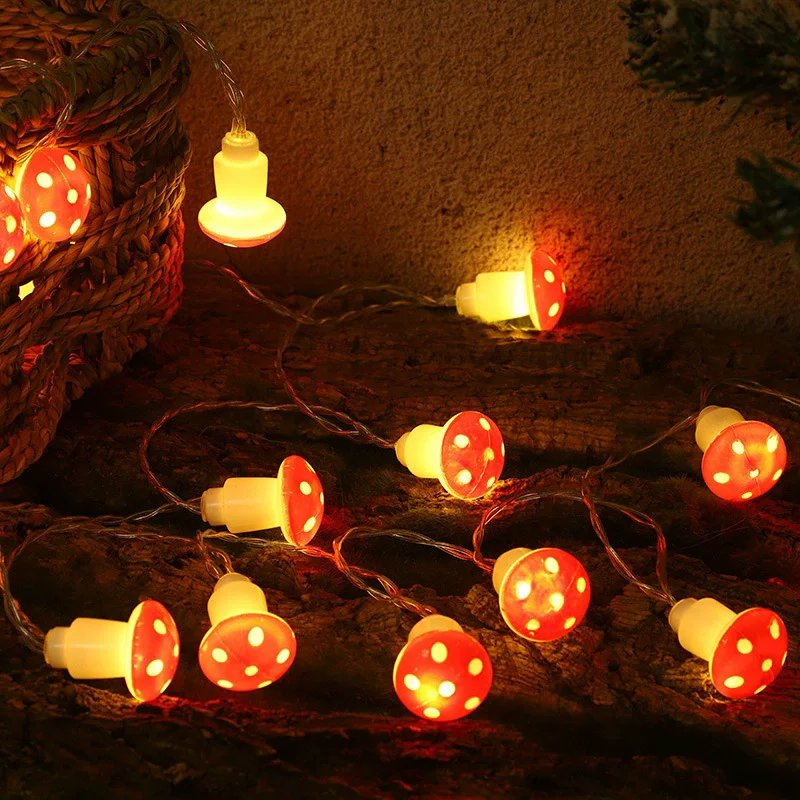 Cute Red Mushroom Shaped LED Indoor String Lights, Fairy Lamp for Bedroom Home Wall Decor Romantic Twinkle Ornament Lighting
