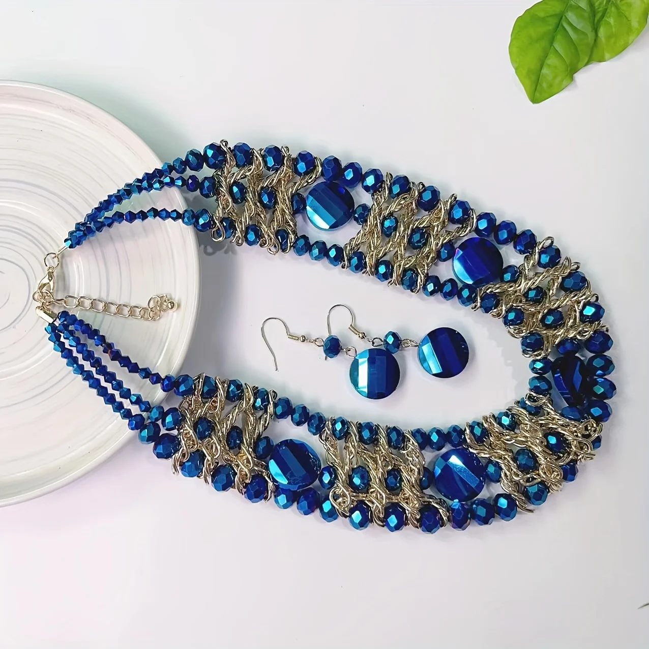 Bohemian Style Handcrafted 3-Row Blue Crystal Beaded Necklace and Earrings Set,  Versatile for Daily Wear and Gift-Giving