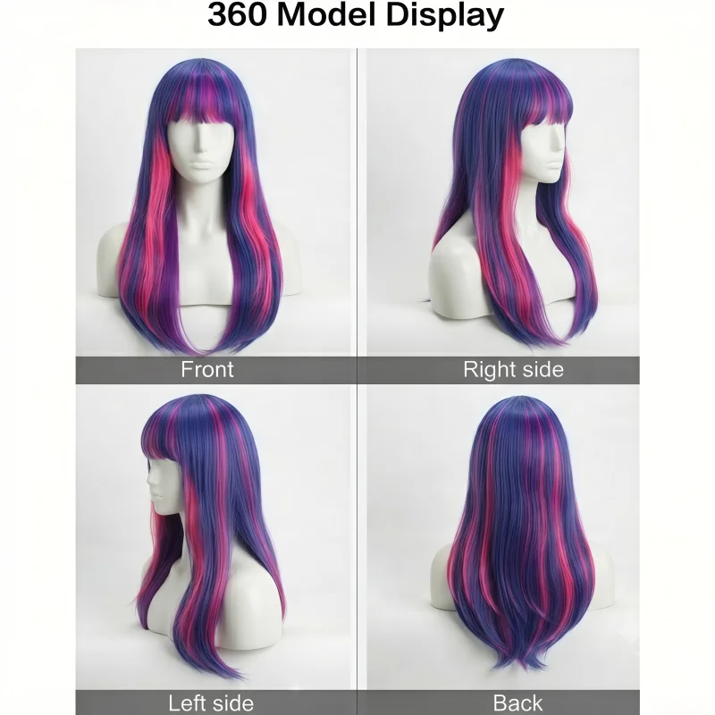 Long Straight Synthetic Wig With Bangs, Blue Pink Purple Highlight Colored Hair Wigs, Heat Resistant Costume Wig for Women - view 3
