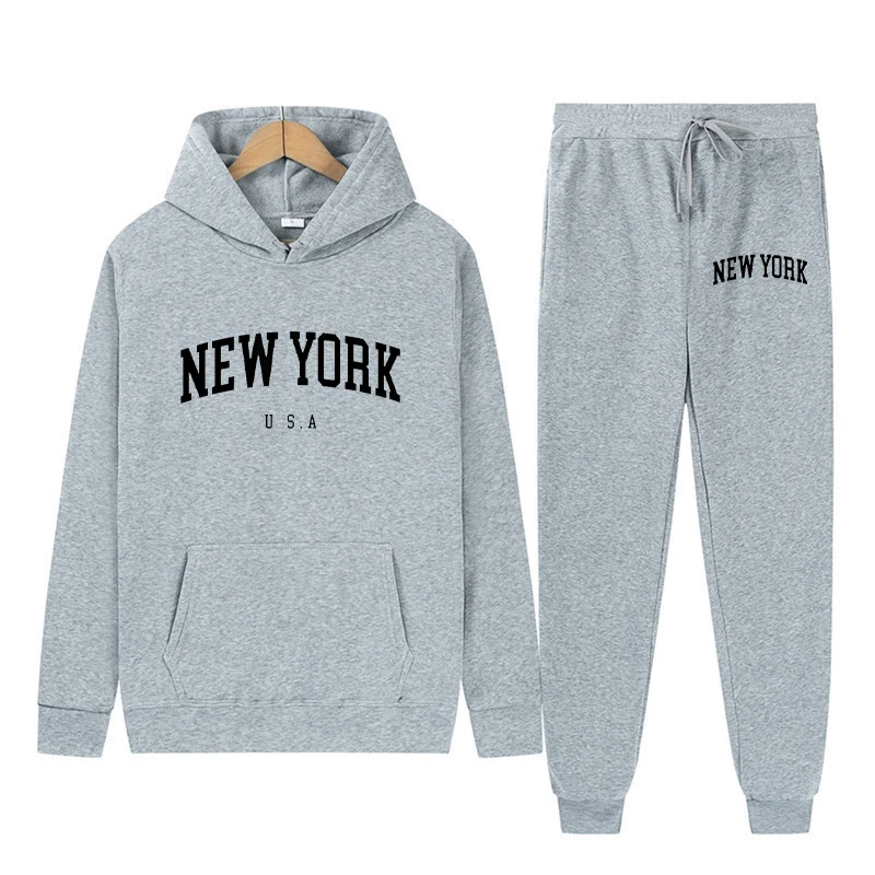 New York Letter U.S.A City Hoodies + Pants 2 Pieces Sets Men Fashion Sweatshirts Women Casual Hooded Pullovers Sportwear Suit