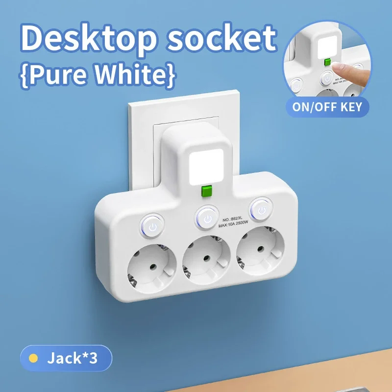 EU-Stecker 8-in-1 mit 5 AC-Steckdosen, 2 USB-Anschlüssen, 1 Typ-C-Port und 3-in-1 Steckdosenleiste mit Schalter und Nachtlicht, Europäischer Standard Kabellose Steckdose