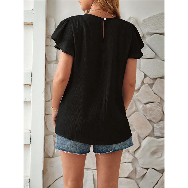 

AG-Women Summer Dressy Pleated Petal Cap Short Sleeve Tops Elegant Casual Loose Fit Tunic Blouse Tees