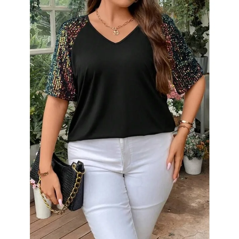 Plus size 1xl-5xl nova moda feminina arco-íris lantejoulas com decote em v camiseta senhoras manga curta streetwear feminino topos