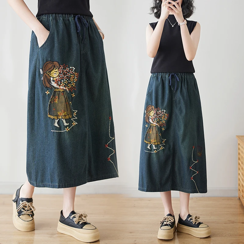 

Джинсовая юбка трапециевидной формы с художественной вышивкой в стиле ретро, женская летняя юбка-миди больших размеров для похудения, повседневная юбка-миди с высокой талией