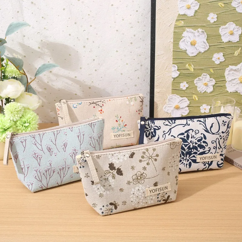 Cute Heart Print Canvas Cosmetic Bag Zipper Makeup Pouch Large Capacity Travel Toiletry Organizer Lipstick Skincare Storage Case