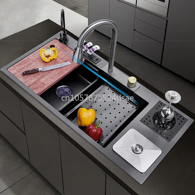 

Stainless Steel Kitchen Sink Waterfall With Trash Can Multi -function Large Single Slot Household Wash Basin Washing Pond