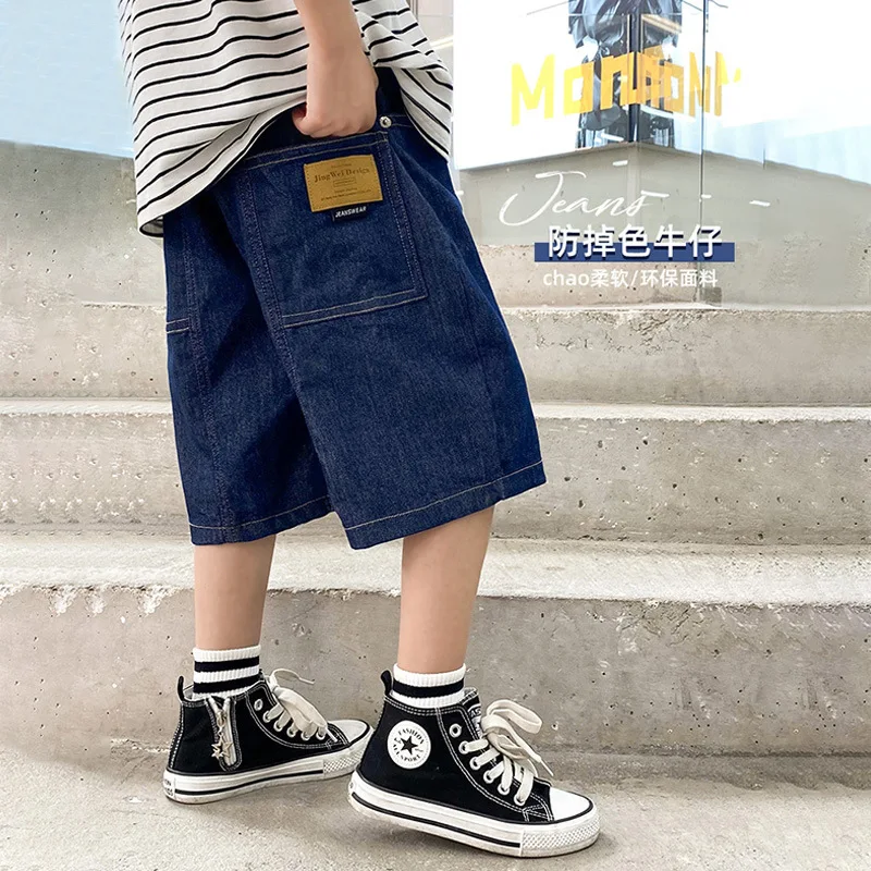 Tweens Children Fashion Casual Calf Length Letter Denim Shorts for Boys Age 5 To 14 Yrs Kids Summer Capri Jeans Pants