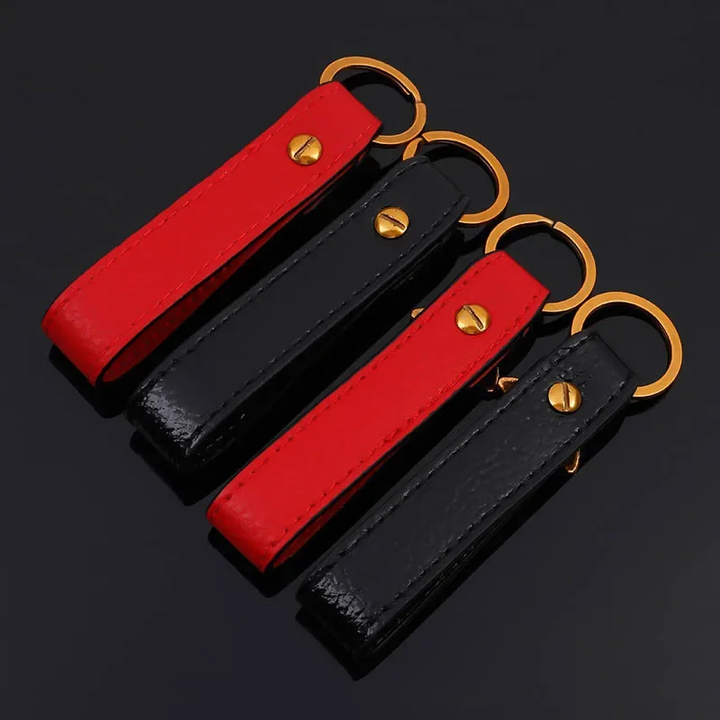 Luxury Leather Keychain Vintage Metal Bee Car Waist Key Chains Lovely Black Red Cowhide Keyholder Fashion Auto Keyring Wholesale