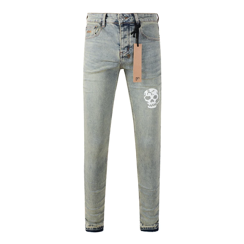 Men's Distressed Washed Light Blue Fashion Style High Street Skinny High Quality Ripped Raw Hem Jeans