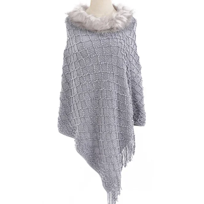 

Large Knitted Shawl Women's Autumn Winter New Chenille Cloak Fur Warm Tassel Pullover Cloak Hairy Collar Outdoors Gray