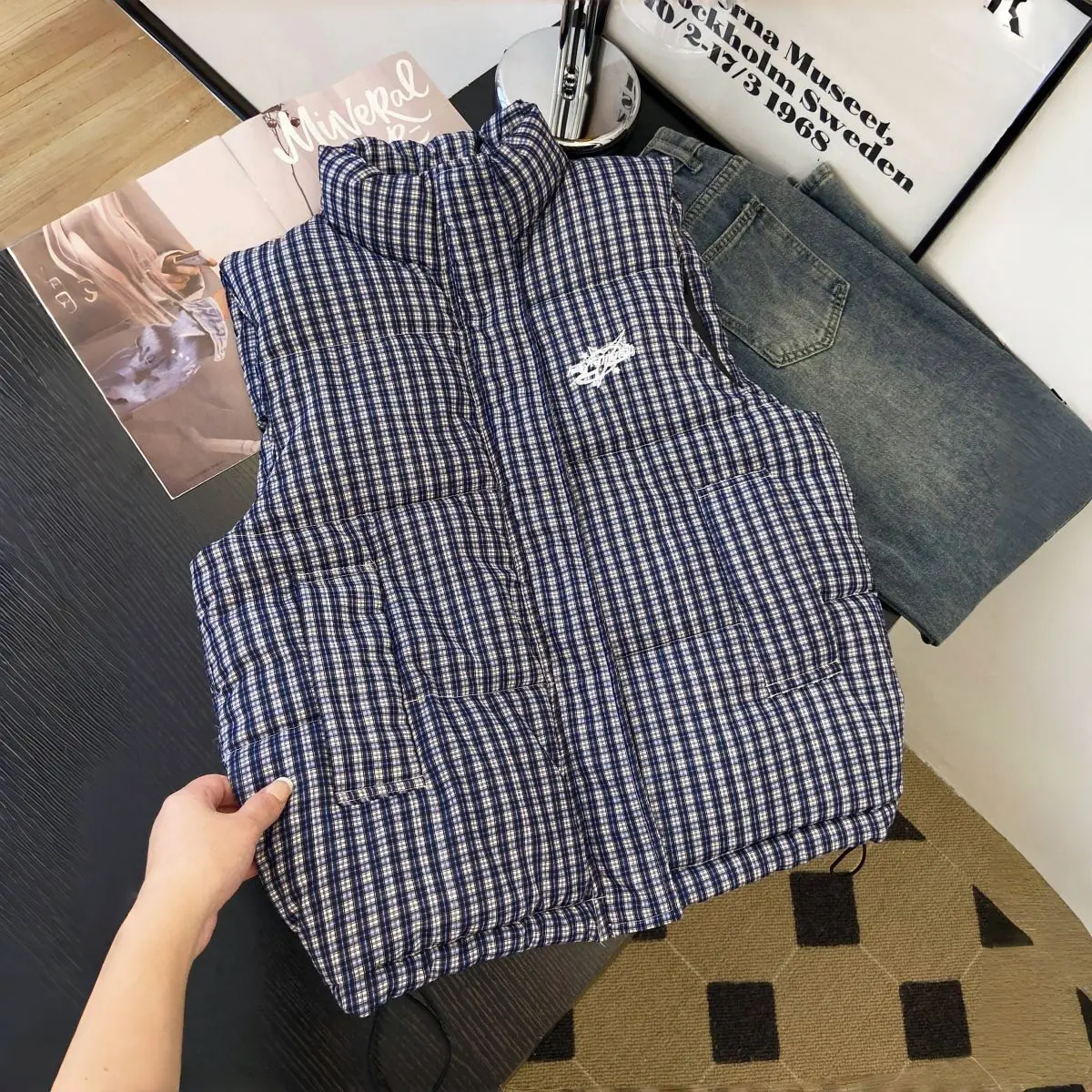 

Ретро-жилет в американском стиле синего цвета в клетку, с воротником-стойкой, свободный крой, из хлопка, для мужчин и женщин, осенне-зимний, модный, теплый, для многослойных образов, хлопковая куртка