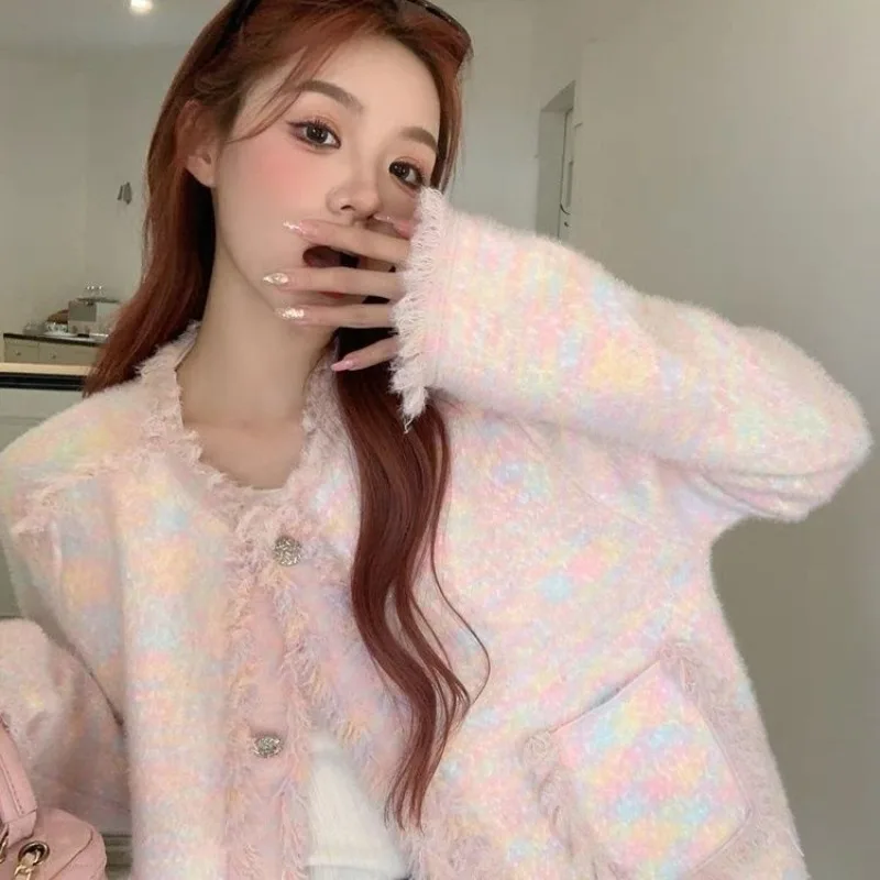 

Sweet Colorful Tassel Coat Women Korean Round Neck Soft Glutinous Fashion Temperament Gentle Loose Cute Winter Female Coat Wear
