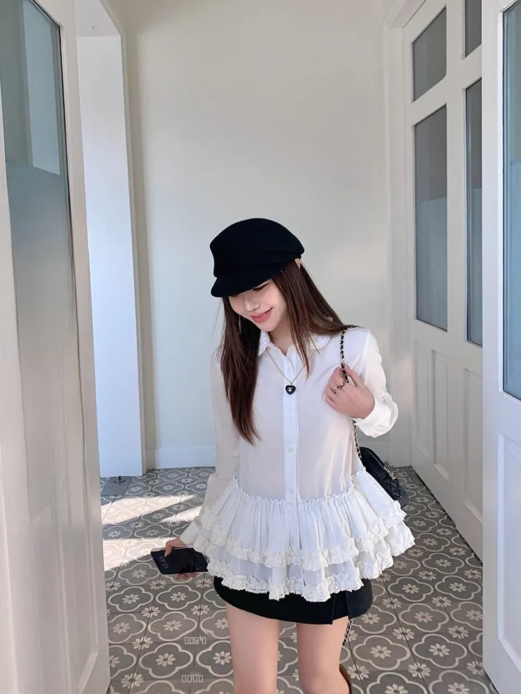 

Cheeseandkisses Handmade Pleated White Doll Collar Cotton Long Sve irt Double Layer 9m Hem Korean Sle Loose Fit Warm