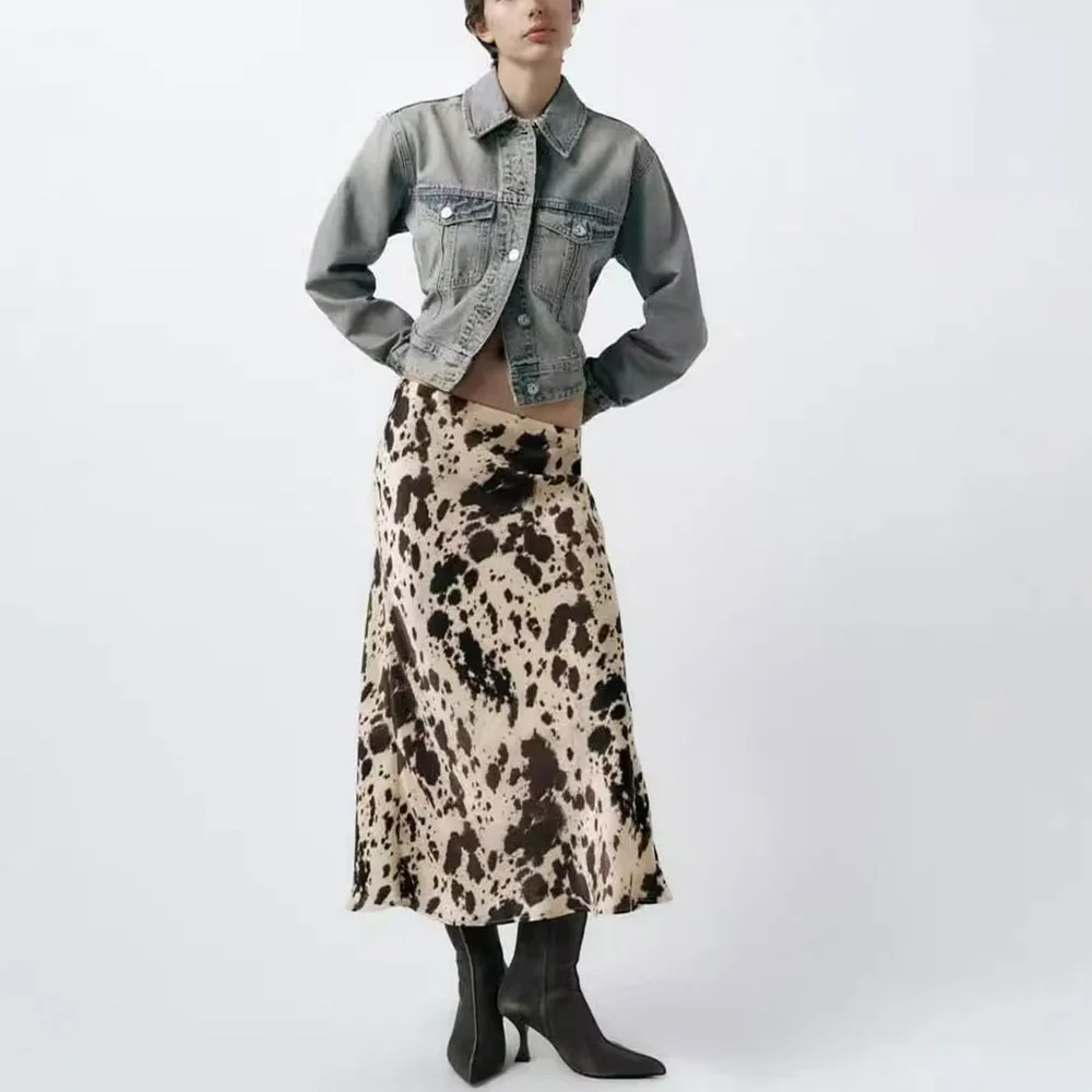 الربيع/الخريف الساخن بيع المرأة الجديدة الحيوان نمط المطبوعة الحرير الساتان الملمس وتنورة ميدي تنوعا #2