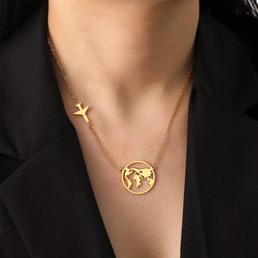 

Kkjoy Stainless Steel Gold/Silver Color Aircraft Pendant World Map Necklace For Women Men Accessories Jewelry Gift