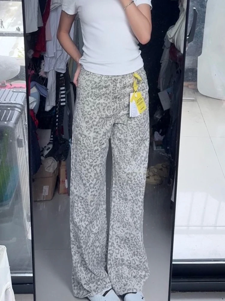 대형 사이즈 아메리칸 슬레 웨드 레오파드 프린트 청바지 여성용 가을 겨울 루즈 스트레이트 레깅스 레트로 슬리밍 팬츠