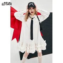 ELFSACK academic style white shirting dress for women 2024 spring new ruffle sweet contrast cake dress long sleeve A pendulum lo