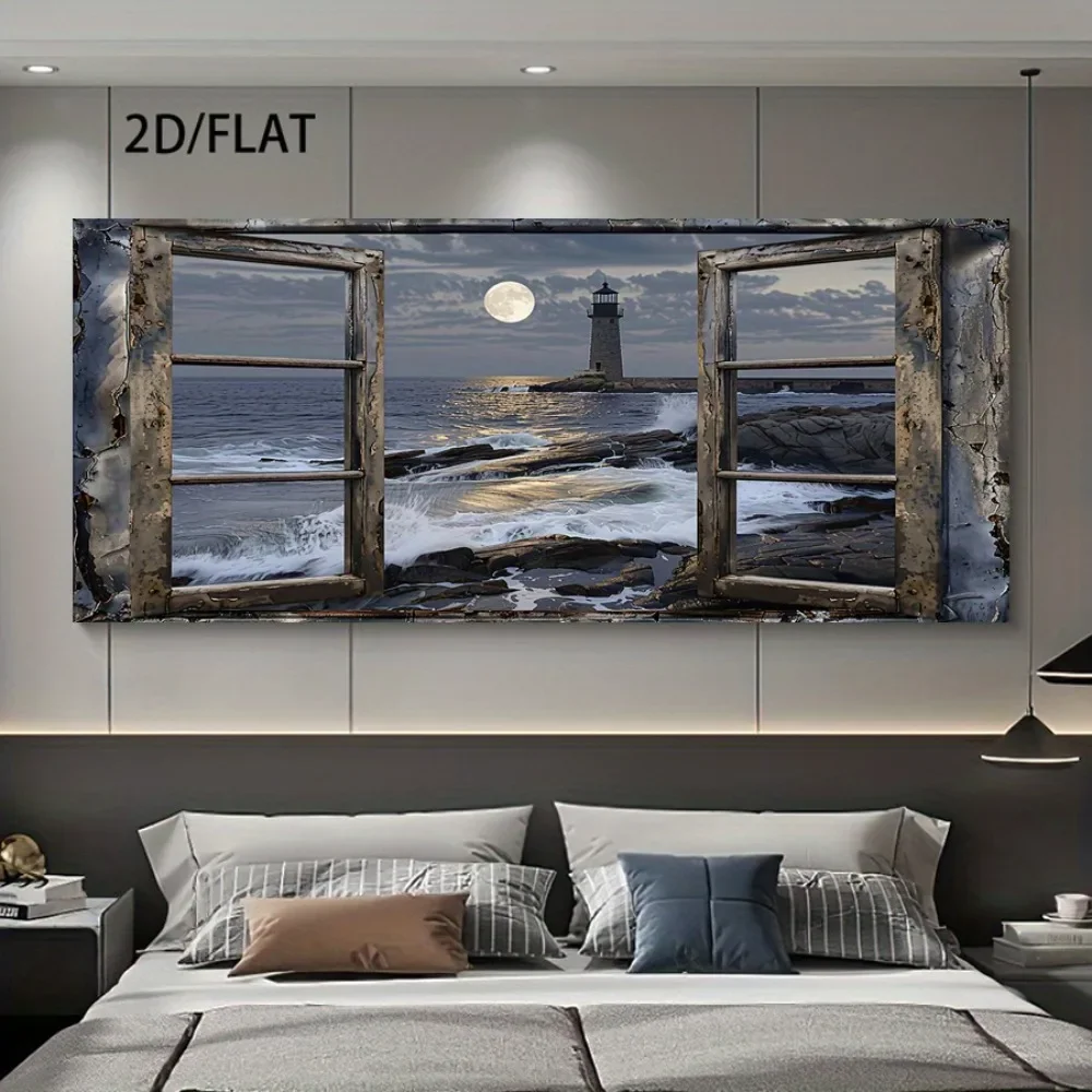 1pc frameless Canvas Painting 2d Plat,Modern Coastal Lighthouse Sea View Canvas Painting,Ocean Wall and Pane Design,Frameless Po