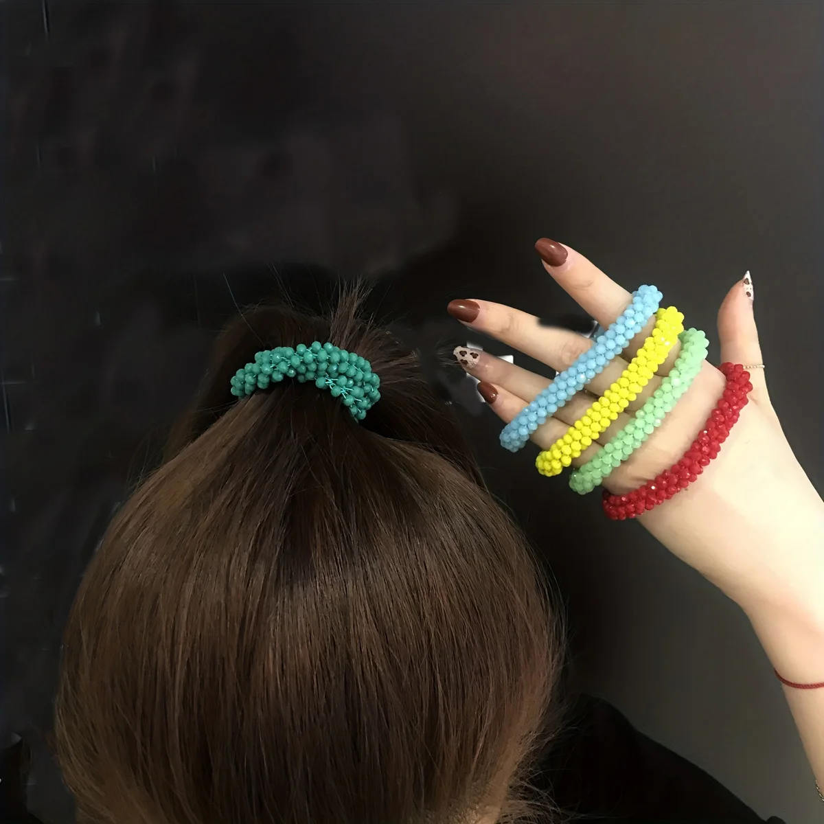 Korean Crystal Color Leather Band Fashion Scrunchie Ponytail Exquisite Beaded Bracelet Dual-use Headwear Tie Hair Accessories