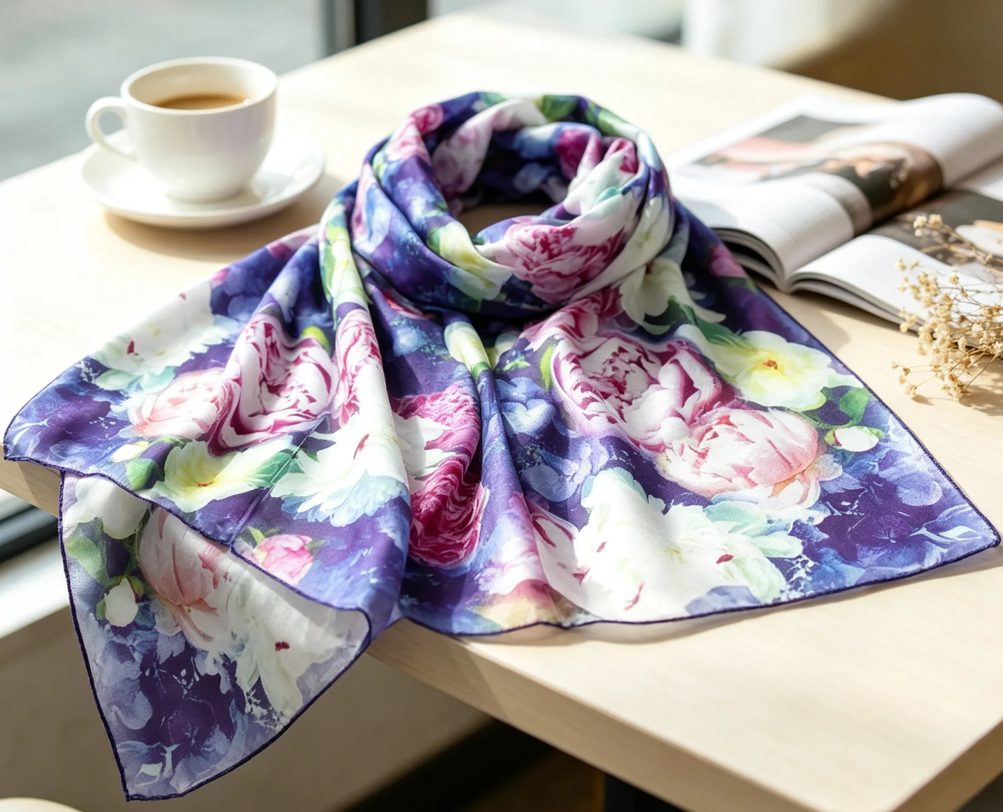 Women's 100% Pure Mulberry Peony Printed Pcarf, Lightweight And Breathable, Fashionable Accessory