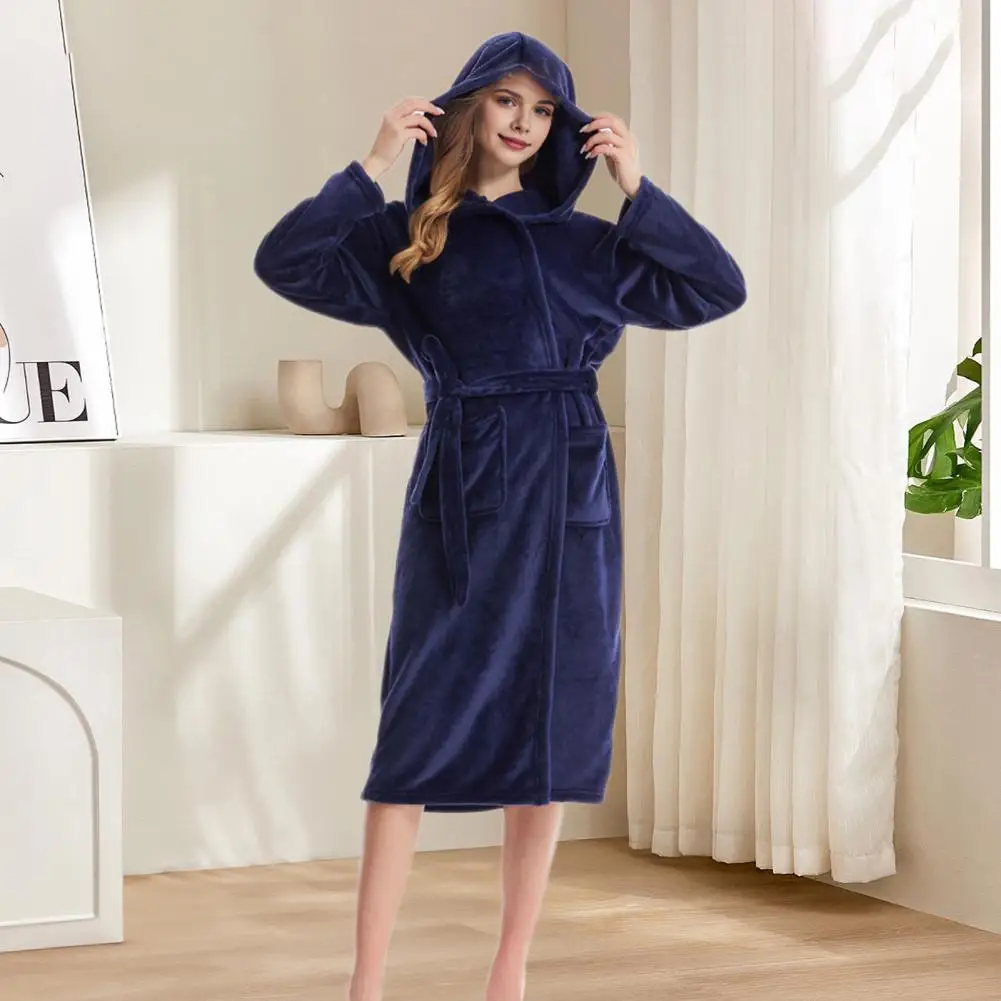 Women Winter Nightgown Thick Flannel Warm Adjustable Lace Up Belt Hooded Lady Homewear Spa Hotel Bathrobe