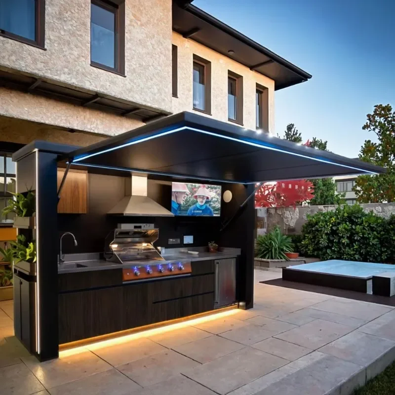 Factory Customized Luxury Stainless Steel Powder Coated Outdoor Kitchen Cabinets Shed BBQ Grill Easily Assembled Remote Control