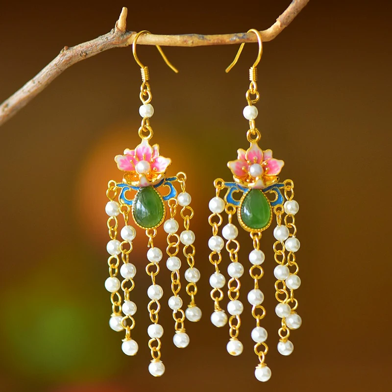 

S925 Sterling Silver Natural Hetian Jasper Peach Blossom Rosy Clothes Water Drop Tassel Earrings Chinese Style
