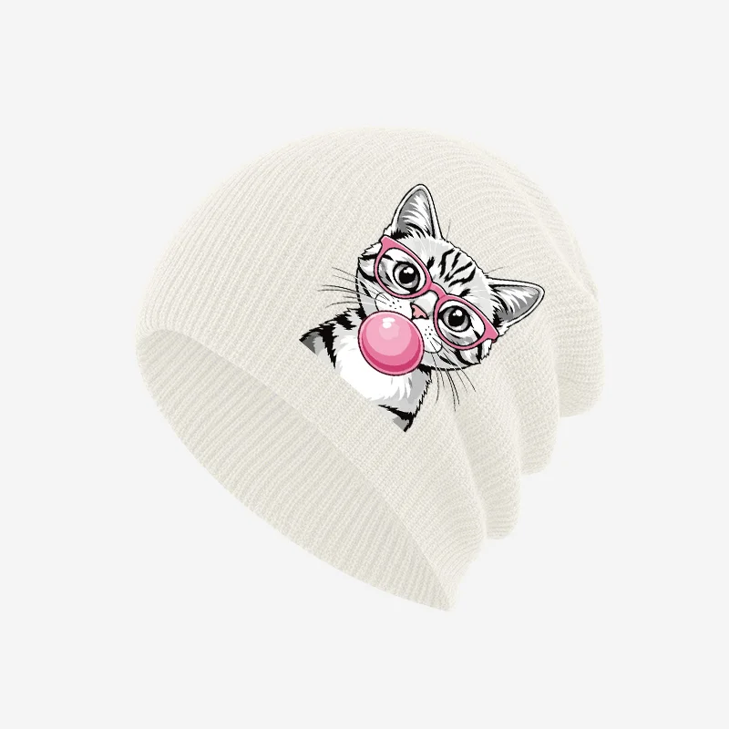 Bubble Gum Blowing Cat Print Soft Kids Knit Cold Hat 1-3Y Toddler Fashion Beanie for Daily Outing & Children Theme Party view 3