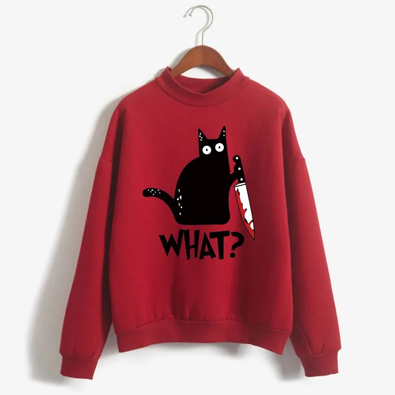 Gato preto assassino o quê? Impressão surpresa mulher sweatshirts doce coreano o-pescoço de malha pullovers outono doce cor roupas femininas