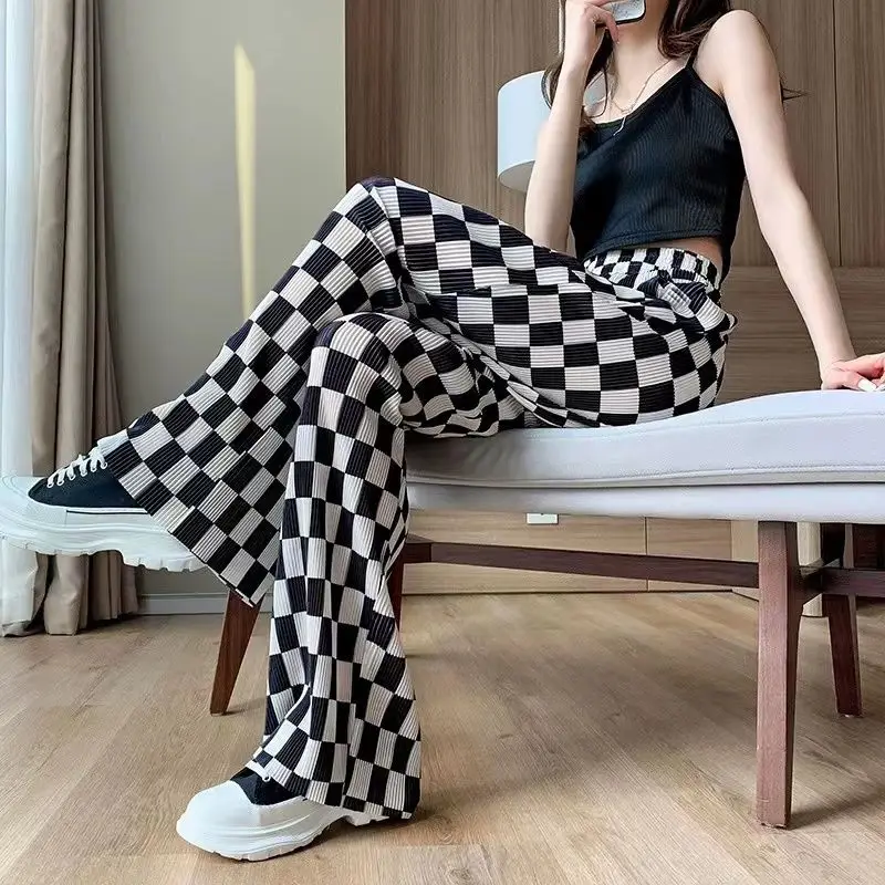 

2024 Summer Women's New Spliced Elasticized High-waisted Printed Plaid Folds Fashion Loose Minimalist Versatile Casual Pants